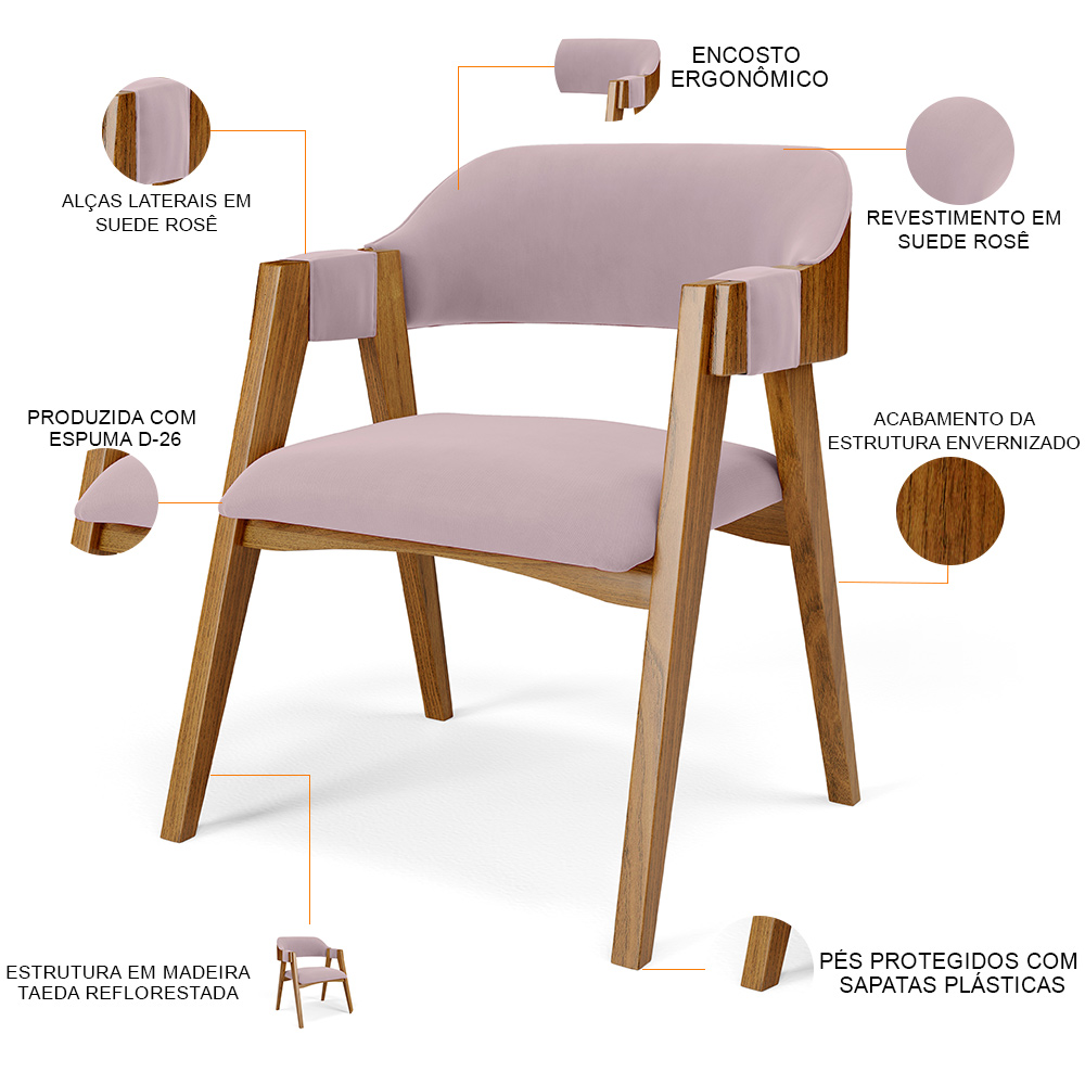 Mesa De Jantar Redonda Cora 120cm Off White M04 com 04 Cadeiras Living Suran Suede Rosê - Lyam