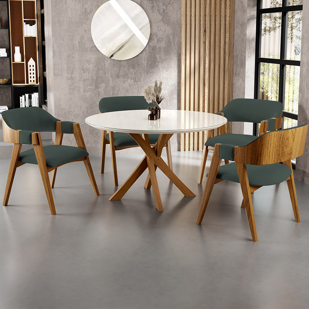 Mesa De Jantar Redonda Cora 120cm Off White M04 com 04 Cadeiras Living Suran Suede Verde Musgo - Lyam