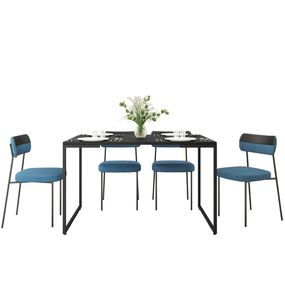 Mesa De Jantar Rivera Preto F01 Com 04 Cadeiras Melina Linho Azul Couríssimo Preto - Lyam Decor