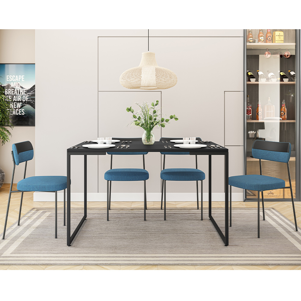 Mesa De Jantar Rivera Preto F01 Com 04 Cadeiras Melina Linho Azul Couríssimo Preto - Lyam Decor