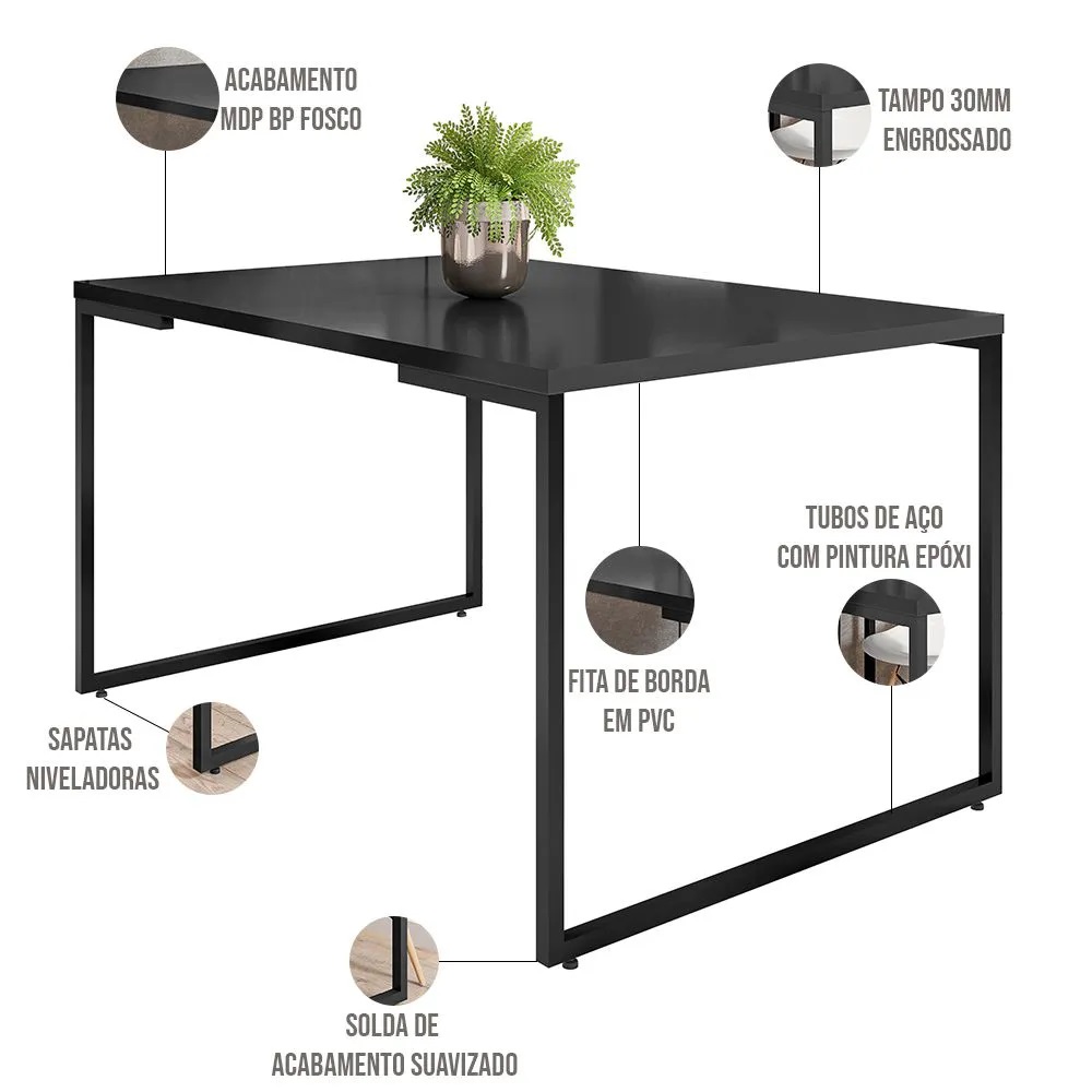 Mesa De Jantar Rivera Preto F01 Com 04 Cadeiras Melina Linho Azul Couríssimo Preto - Lyam Decor