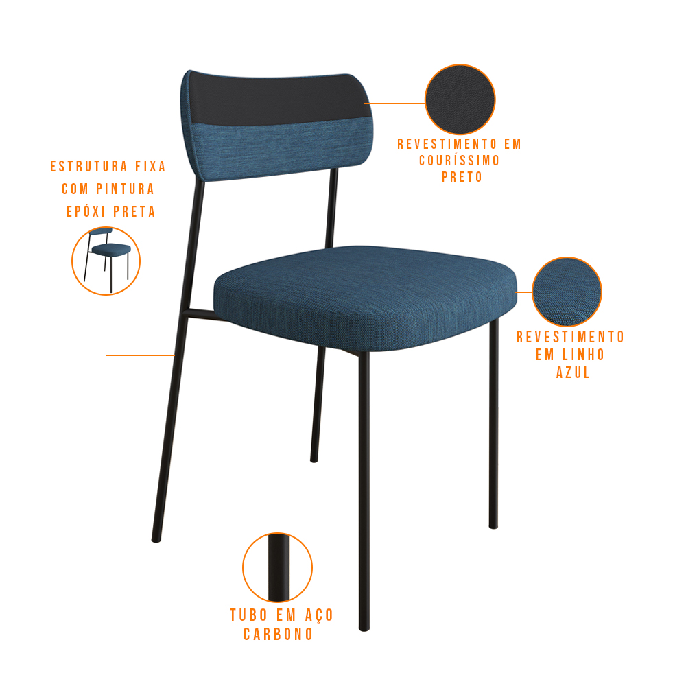 Mesa De Jantar Rivera Preto F01 Com 04 Cadeiras Melina Linho Azul Couríssimo Preto - Lyam Decor