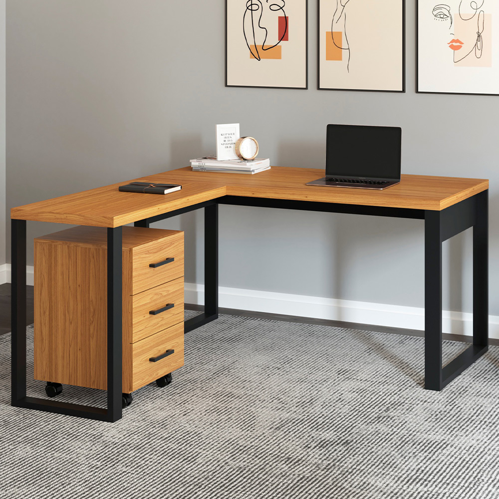 Mesa Escritório E Home Office em L Florence Industrial 135x157cm D03 Freijó Preto Fosco - Lyam Decor