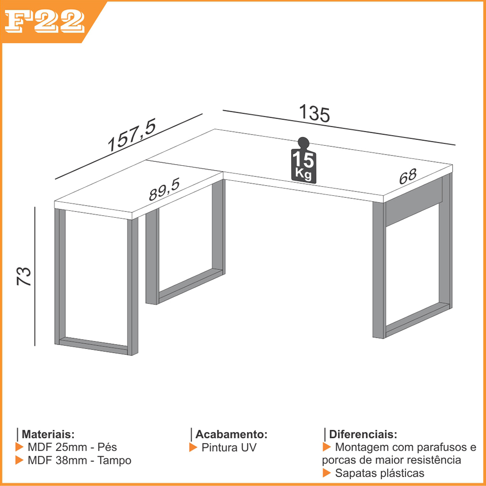 Mesa Escritório E Home Office em L Florence Industrial 135x157cm D03 Freijó Preto Fosco - Lyam Decor