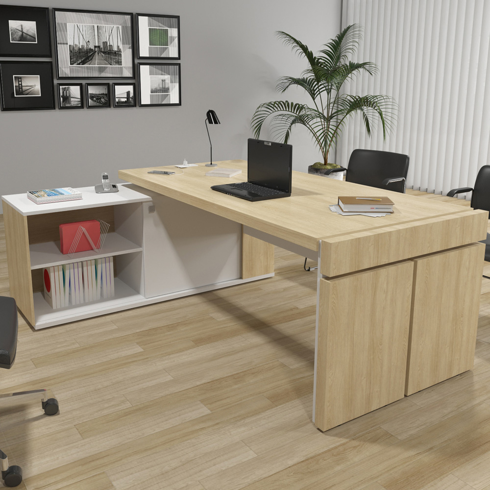 Mesa Escritório Em L Caixa Com Tomada Atria Executiva 200x183cm A02 Carvalho Branco - Lyam Decor