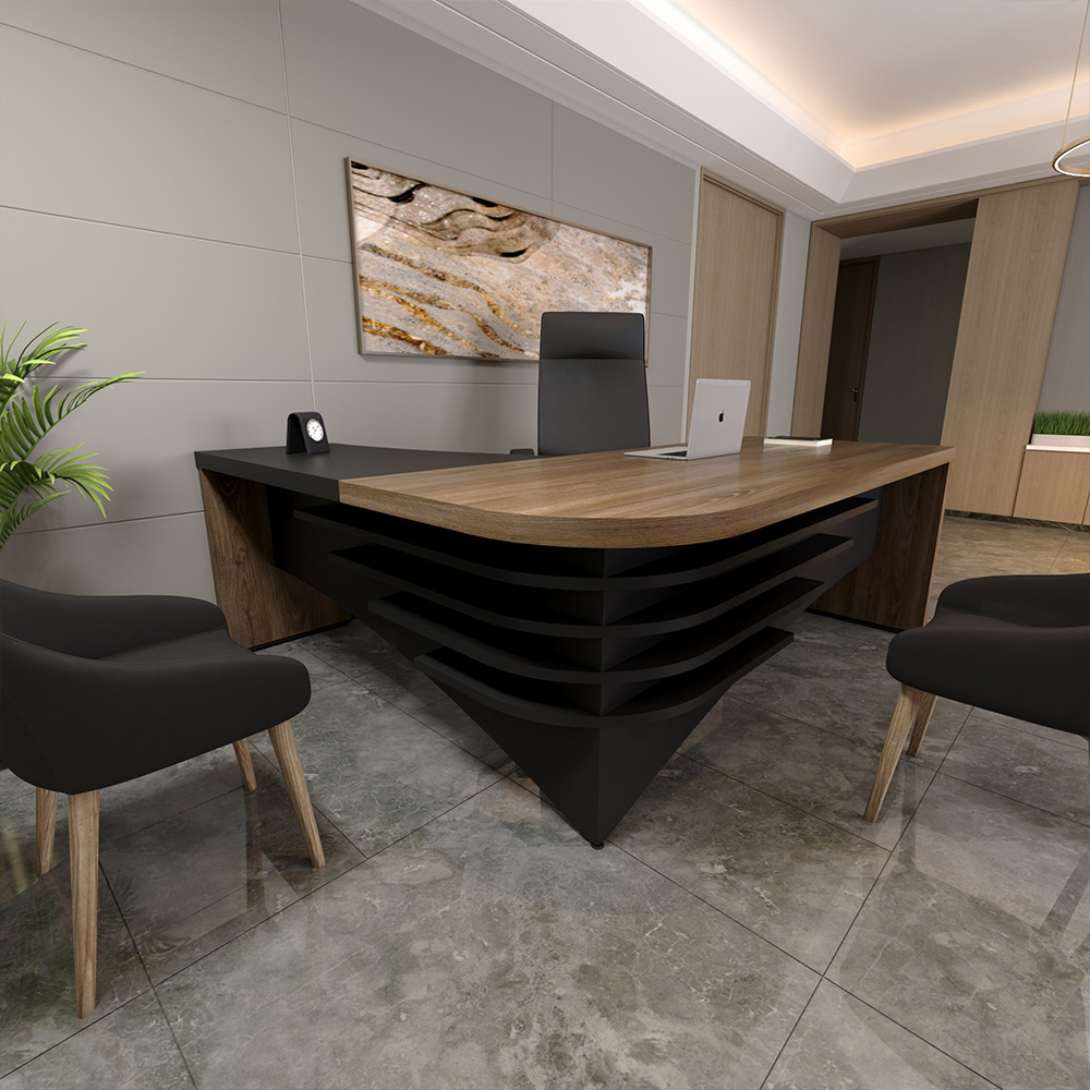 Mesa Escritório Home Office Diretor Em L Atria Executiva LD 200x180cm A02 Charuto Preto - Lyam Decor
