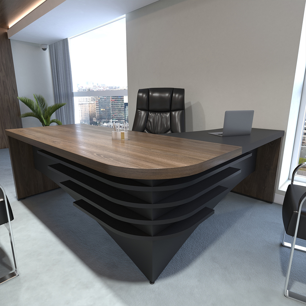 Mesa Escritório Home Office Diretor Em L Atria Executiva LE 200x180cm A02 Charuto Preto - Lyam Decor