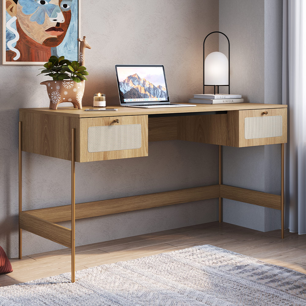 Mesa Escrivaninha Home Office 2 Gavetas Industrial Indy A03 Hanover Dourado - Lyam Decor
