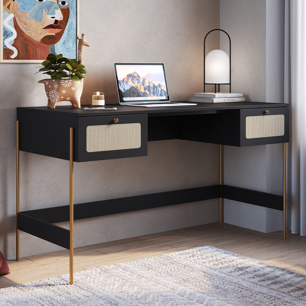 Mesa Escrivaninha Home Office 2 Gavetas Industrial Indy A03 Nero Dourado - Lyam Decor