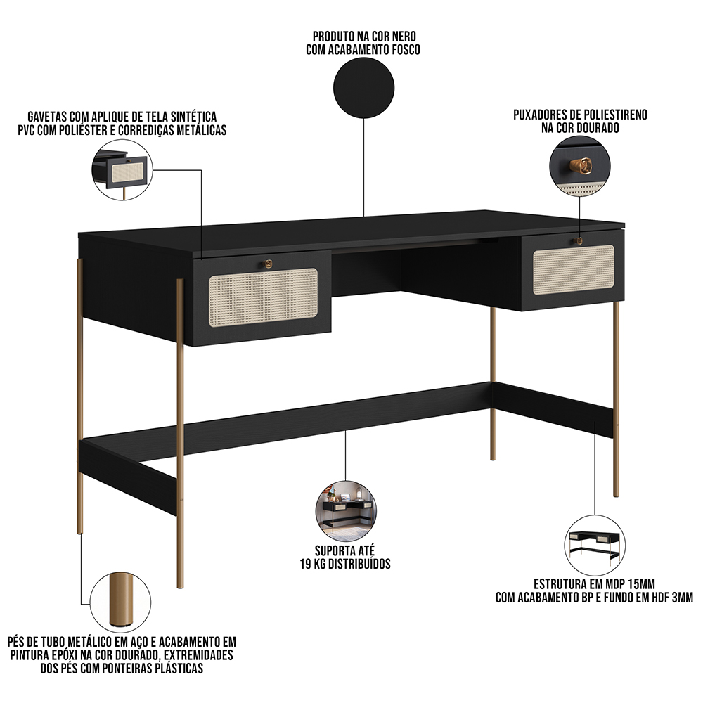 Mesa Escrivaninha Home Office 2 Gavetas Industrial Indy A03 Nero Dourado - Lyam Decor