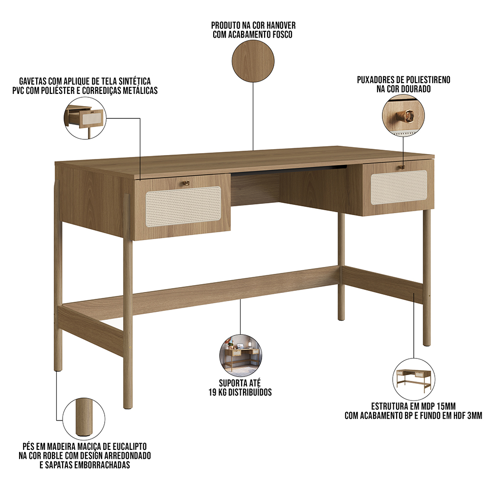 Mesa Escrivaninha Home Office 2 Gavetas Pés Madeira Moss A03 Hanover Roble - Lyam Decor