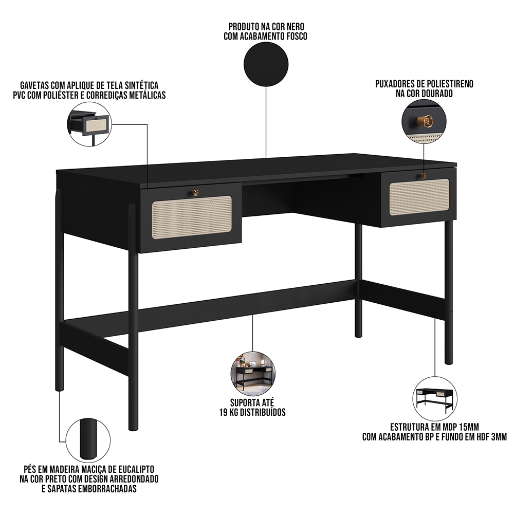 Mesa Escrivaninha Home Office 2 Gavetas Pés Madeira Moss A03 Nero Preto - Lyam Decor