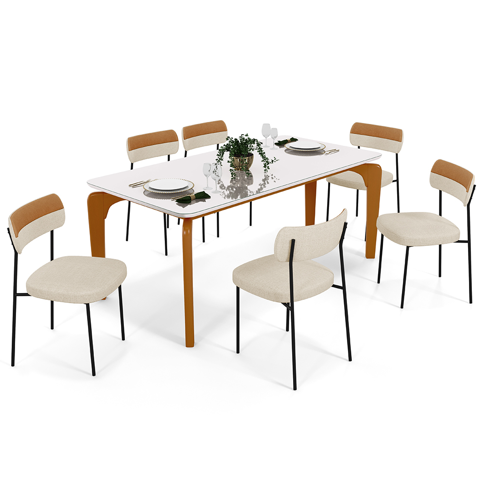 Mesa Jantar Capri 160cm Off White 6 Cadeiras Melina B05 Linho Cru Couríssimo Caramelo - Lyam Decor