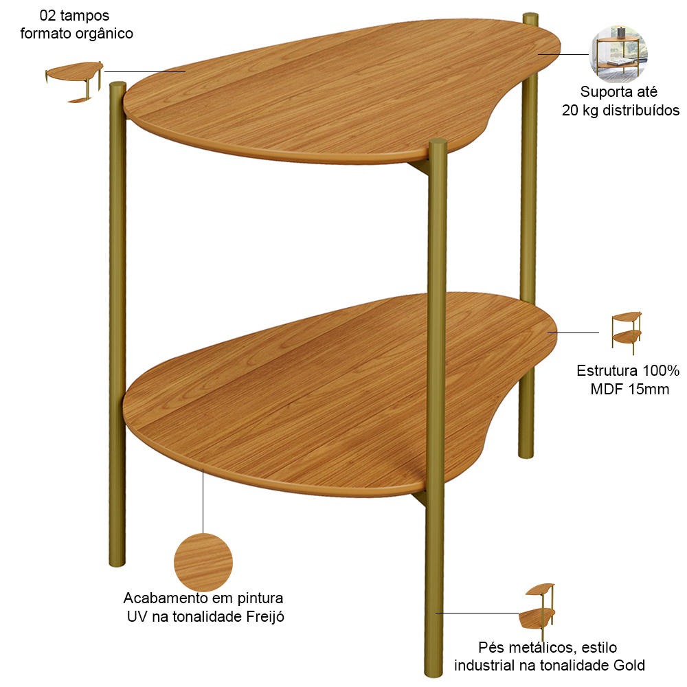 Mesa Lateral Para Sala de Estar Orgânica Industrial 60cm Hagar D03 Freijó - Lyam Decor