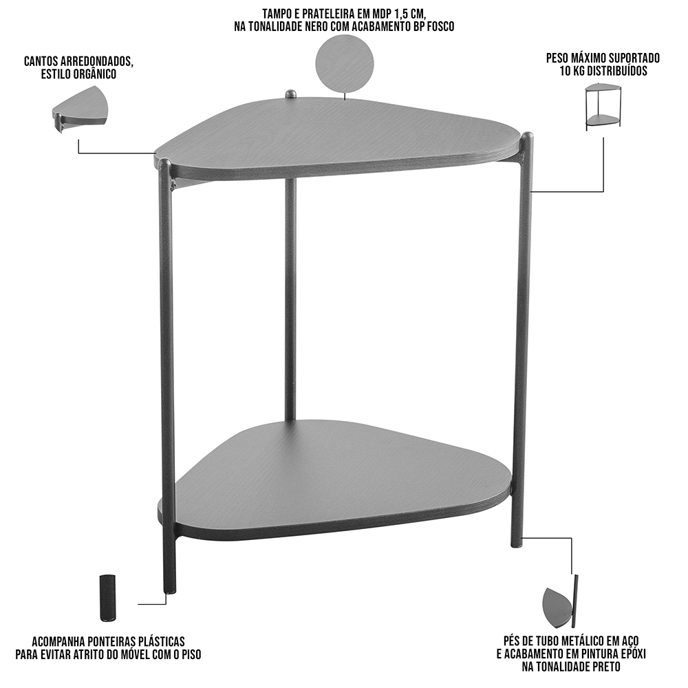 Mesa Lateral Para Sala de Estar Pés Metálicos Adek A03 Nero Preto - Lyam Decor