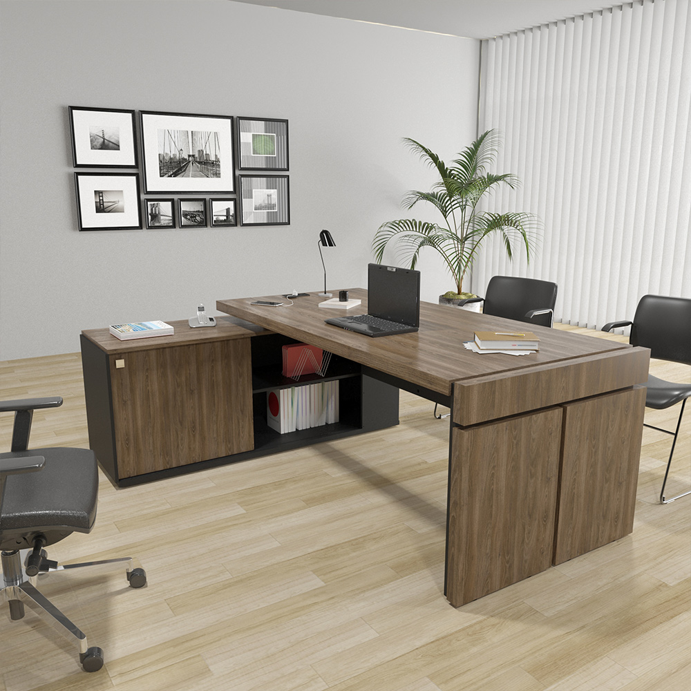 Mesa Para Escritório Em L Caixa Com Tomada Atria Executiva 200x183cm A02 Charuto Preto - Lyam Decor