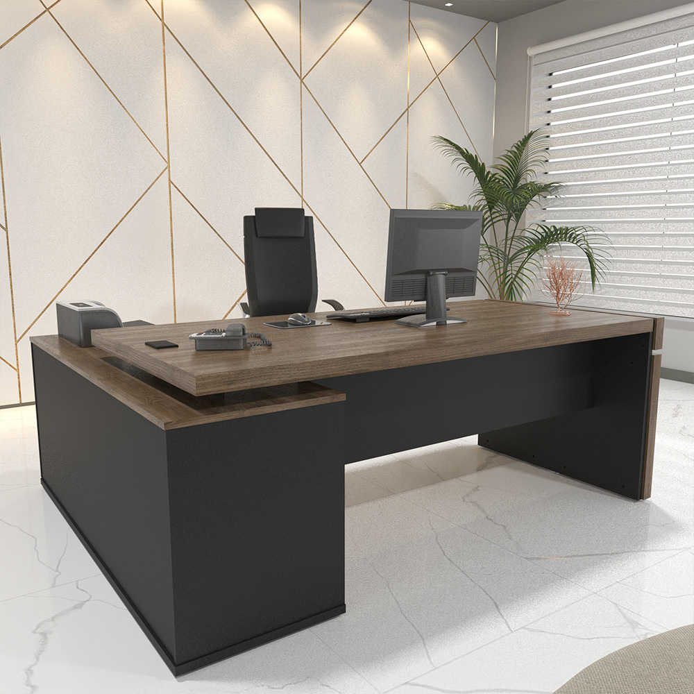 Mesa Para Escritório Em L Caixa Com Tomada Atria Executiva 200x183cm A02 Charuto Preto - Lyam Decor