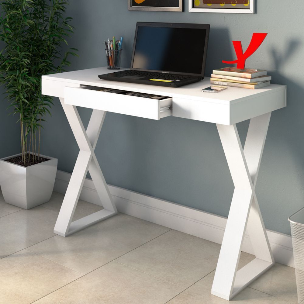 Mesa Para Escritório Escrivaninha Cavalete 01 Gaveta Veneza A02 Web Branco - Lyam Decor