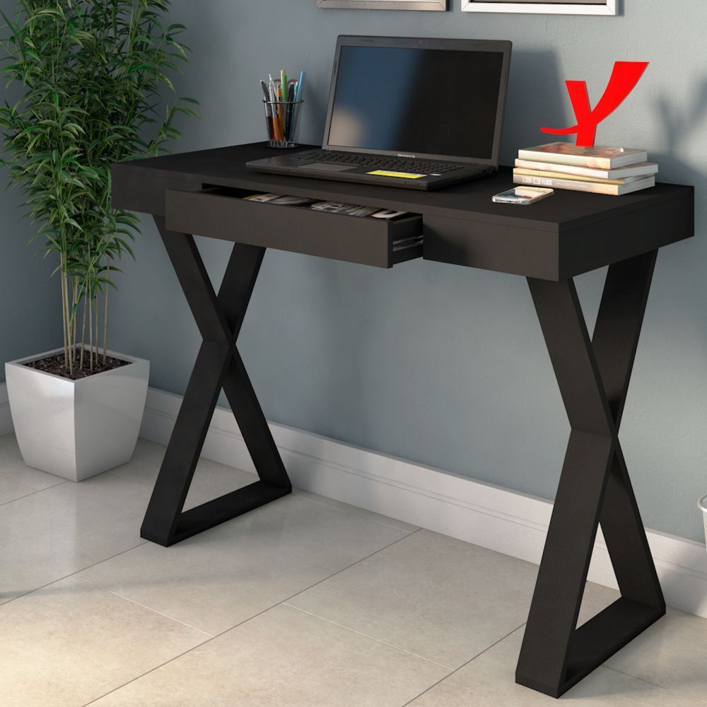 Mesa Para Escritório Escrivaninha Cavalete 01 Gaveta Veneza A02 Web Preto - Lyam Decor