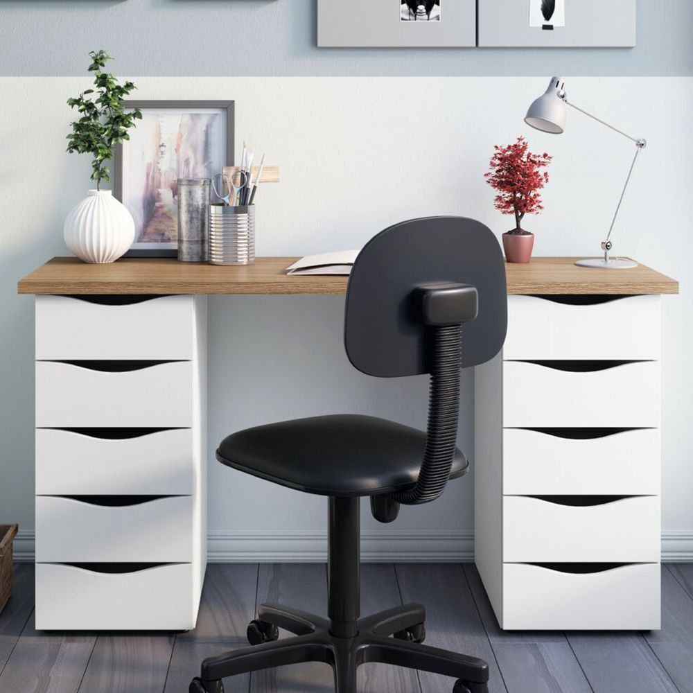 Mesa Para Escritório Escrivaninha Due Web Nogal A02 Branco - Lyam Decor