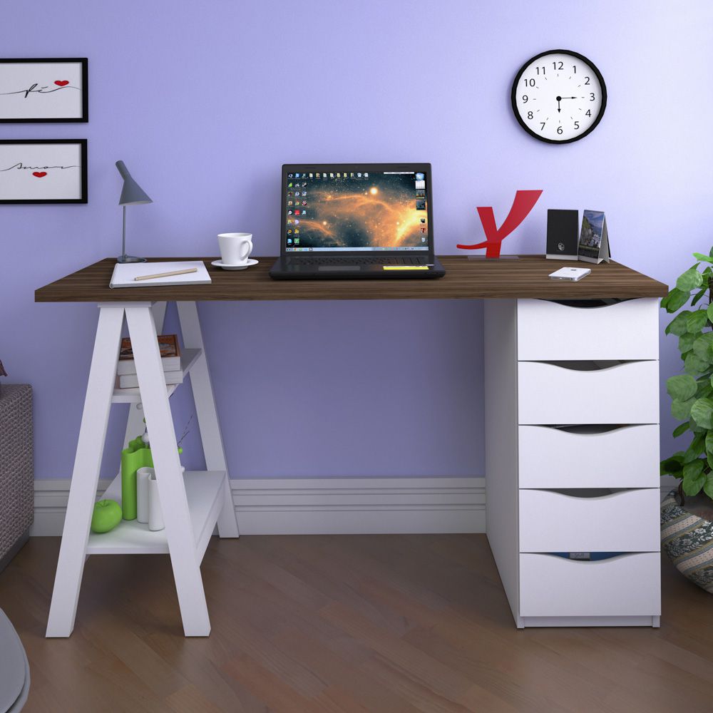 Mesa Para Escritório Escrivaninha Home Office 05 Gavetas Spirit Nogal A02 Branco - Lyam Decor