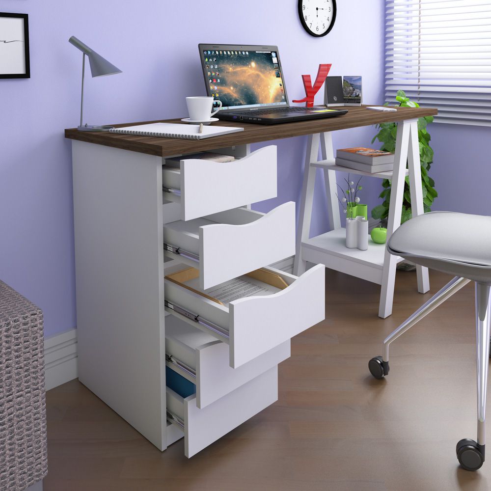 Mesa Para Escritório Escrivaninha Home Office 05 Gavetas Spirit Nogal A02 Branco - Lyam Decor