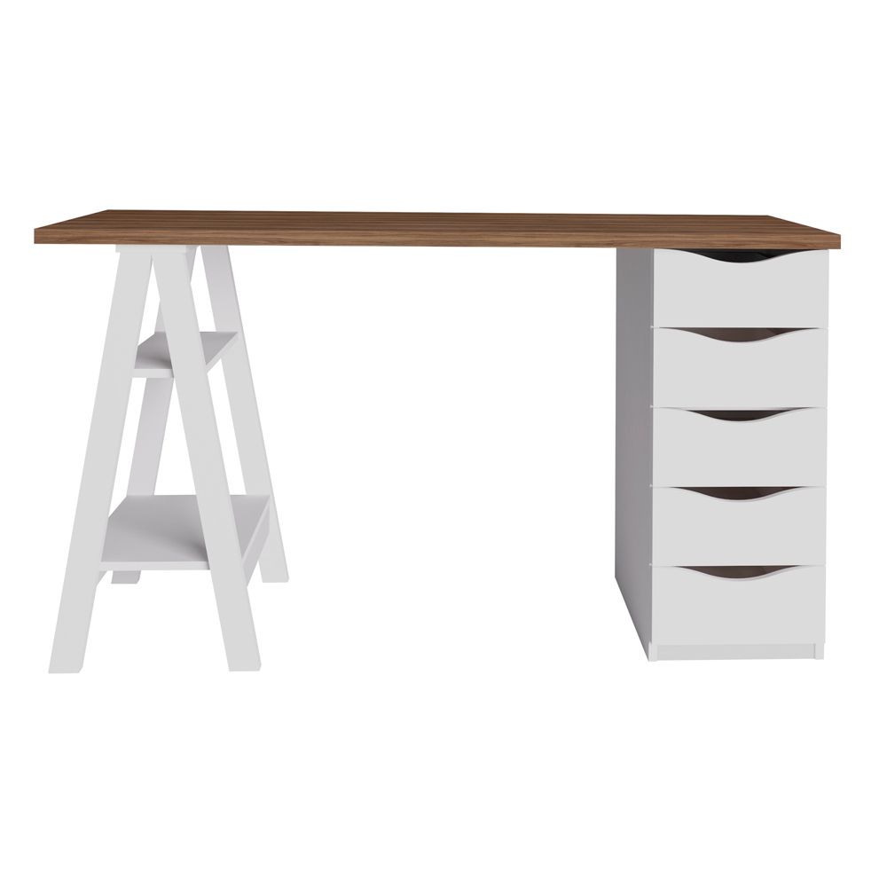 Mesa Para Escritório Escrivaninha Home Office 05 Gavetas Spirit Nogal A02 Branco - Lyam Decor