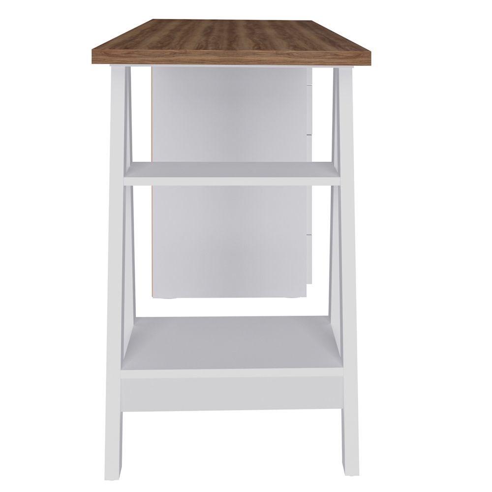 Mesa Para Escritório Escrivaninha Home Office 05 Gavetas Spirit Nogal A02 Branco - Lyam Decor
