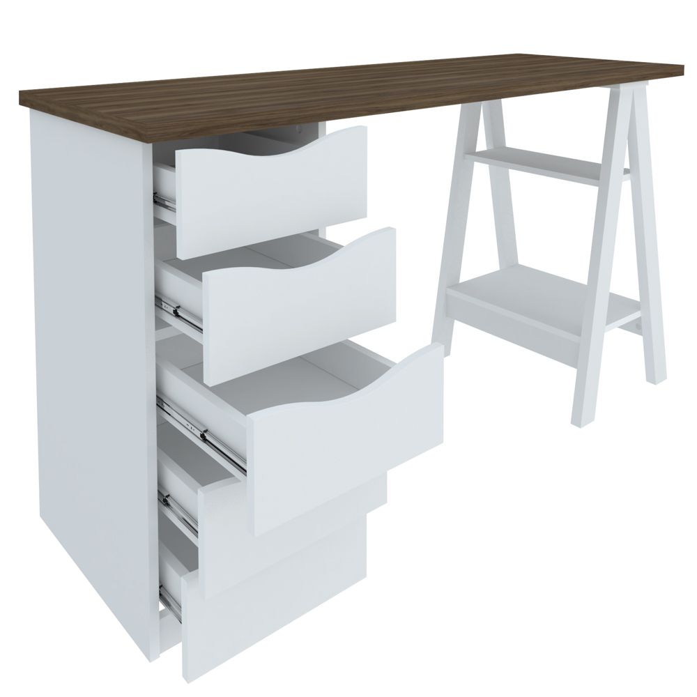 Mesa Para Escritório Escrivaninha Home Office 05 Gavetas Spirit Nogal A02 Branco - Lyam Decor