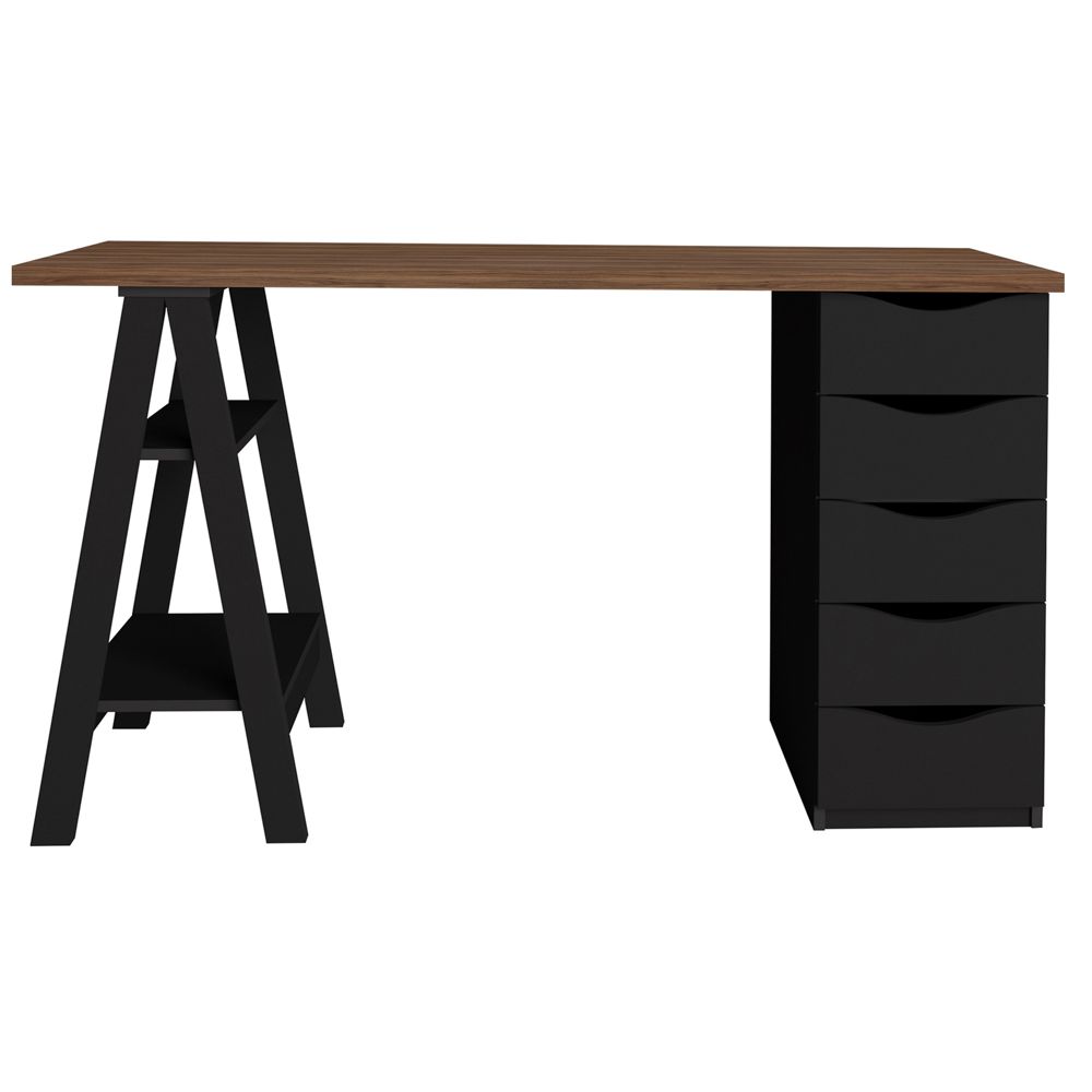Mesa Para Escritório Escrivaninha Home Office 05 Gavetas Spirit Nogal A02 Preto - Lyam Decor