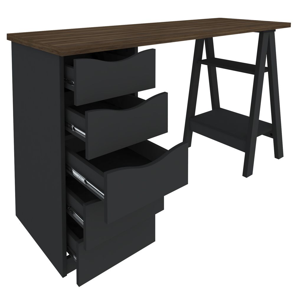 Mesa Para Escritório Escrivaninha Home Office 05 Gavetas Spirit Nogal A02 Preto - Lyam Decor
