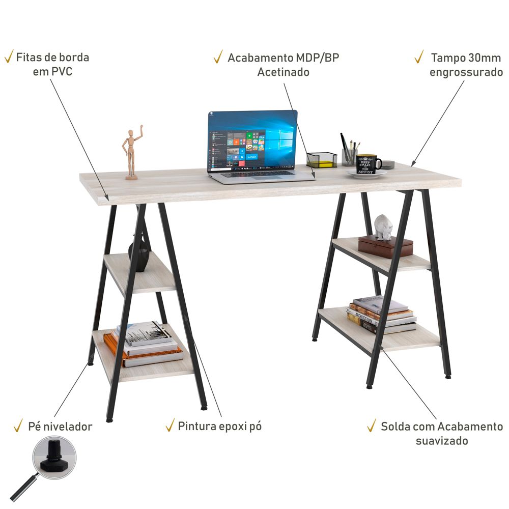 Mesa Para Escritório Estilo Industrial Cavalete Form C01 135cm Snow - Lyam Decor