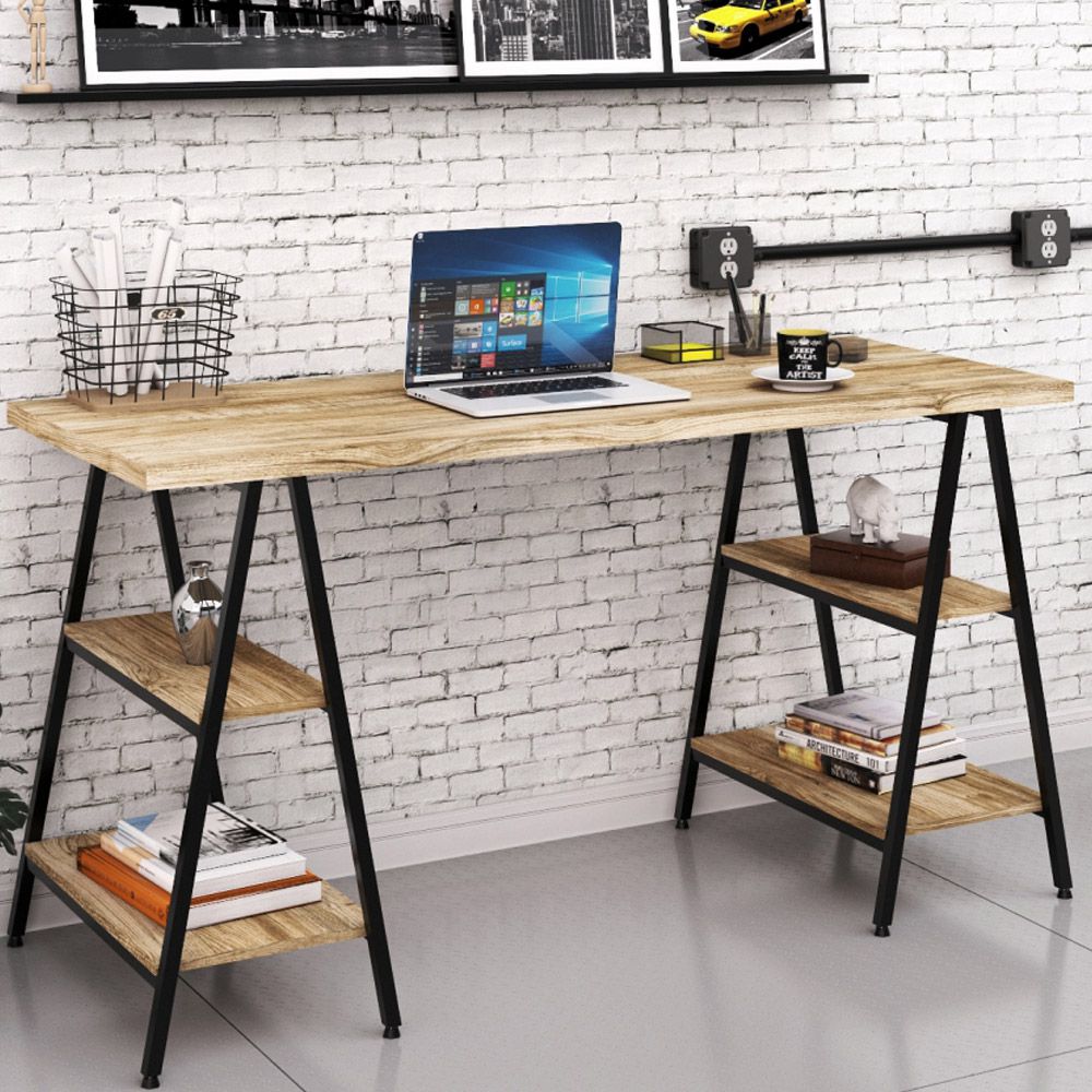 Mesa Para Escritório Estilo Industrial Cavalete Form C01 150cm Carvalho - Lyam Decor