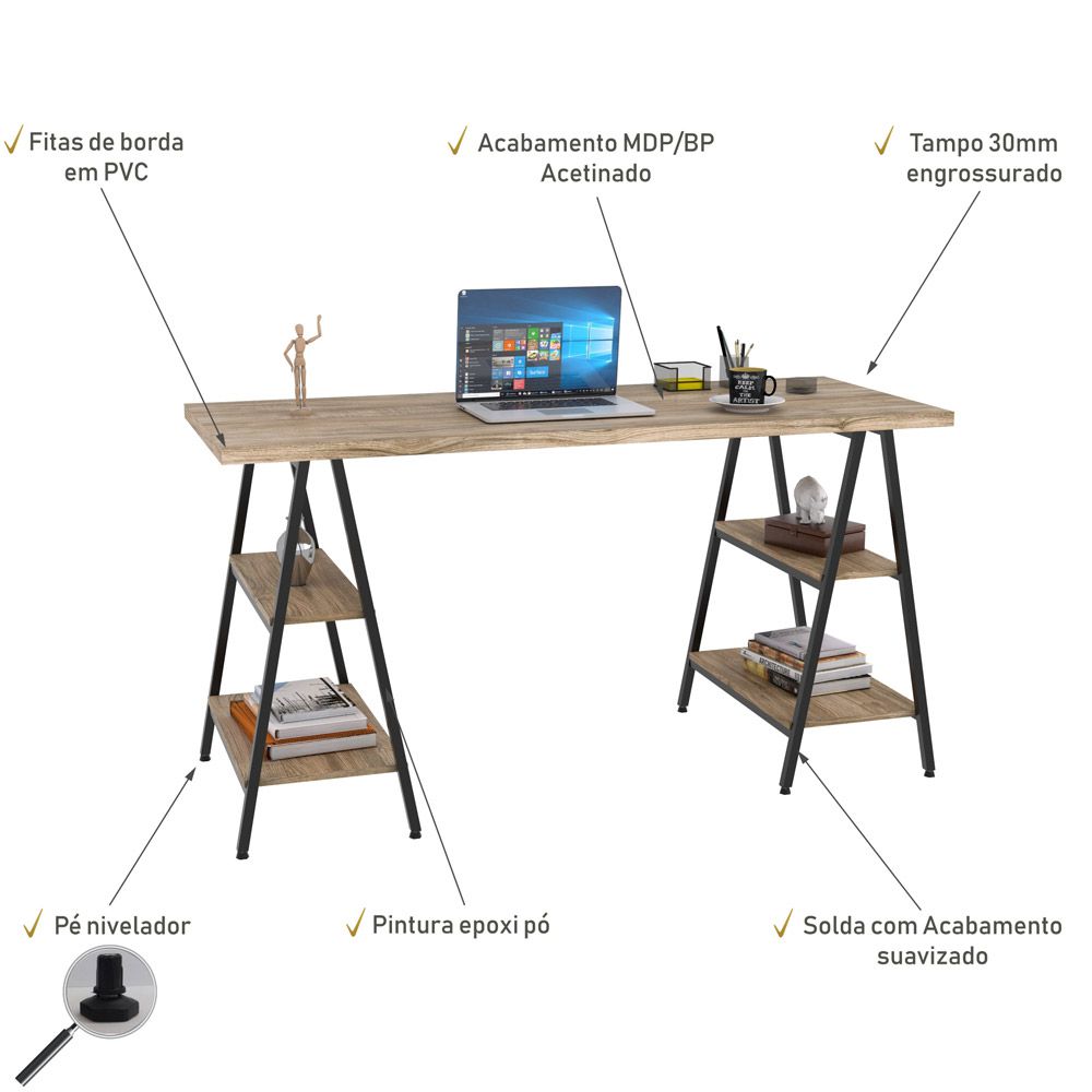 Mesa Para Escritório Estilo Industrial Cavalete Form C01 150cm Carvalho - Lyam Decor