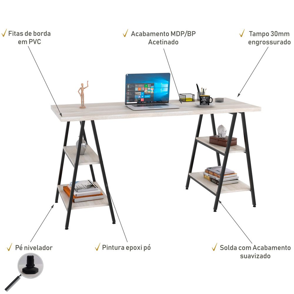 Mesa Para Escritório Estilo Industrial Cavalete Form C01 150cm Snow - Lyam Decor