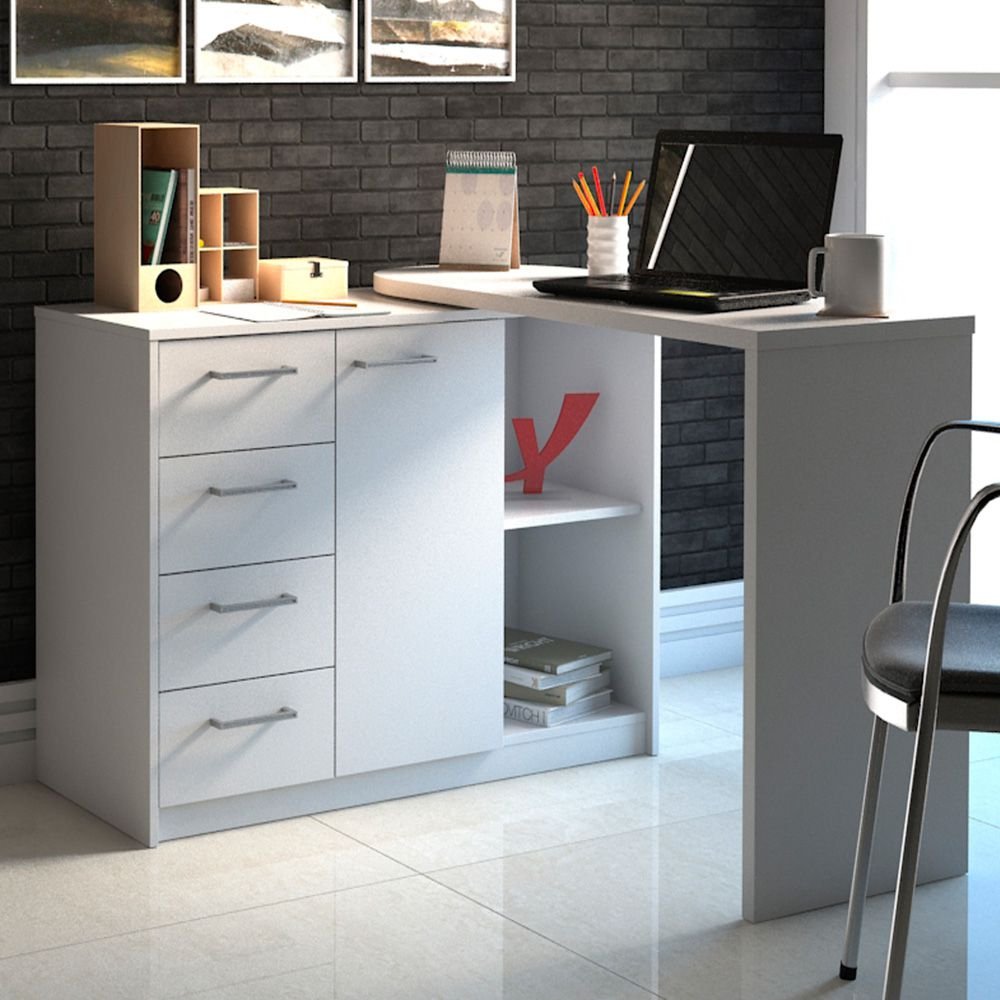 Mesa Para Escritório Extensível Escrivaninha Home Office Logan A02 Branco - Lyam Decor