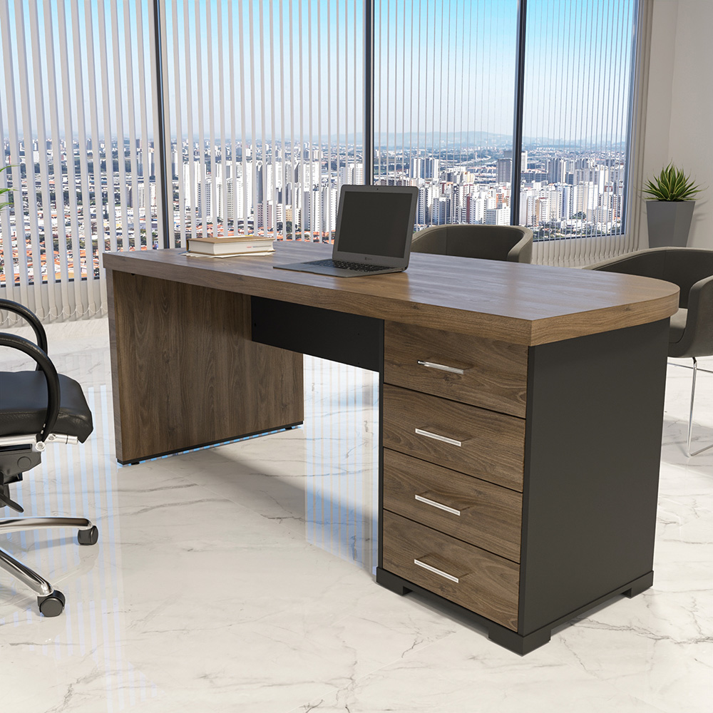 Mesa Para Escritório Home Office 4 Gavetas LD Atria Executiva 180cm A02 Charuto Preto - Lyam Decor