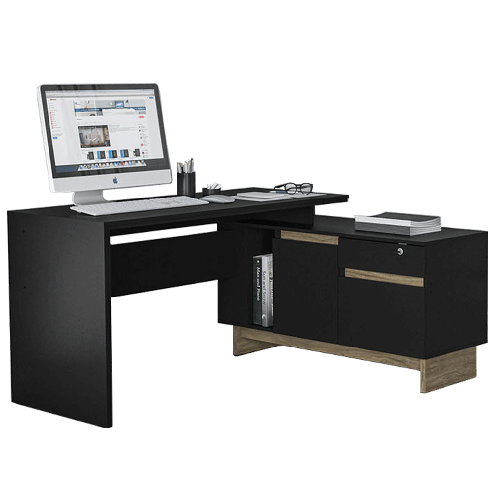 Mesa Para Escritório Home Office Em L Los Angeles 1 Porta 2 Gavetas P01 Preto Carvalho - Lyam Decor