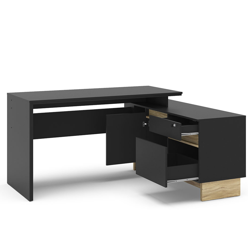 Mesa Para Escritório Home Office Em L Los Angeles 1 Porta 2 Gavetas P01 Preto Carvalho - Lyam Decor