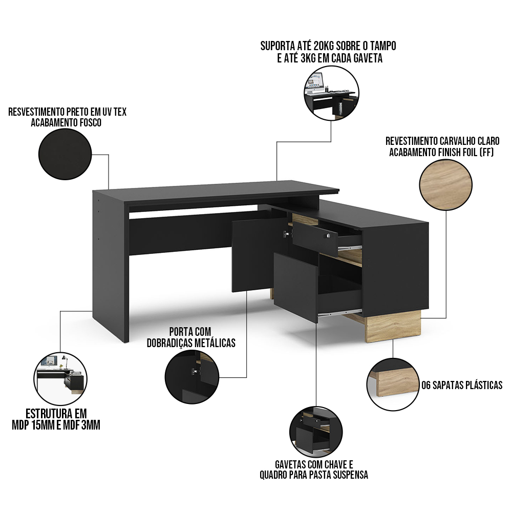 Mesa Para Escritório Home Office Em L Los Angeles 1 Porta 2 Gavetas P01 Preto Carvalho - Lyam Decor
