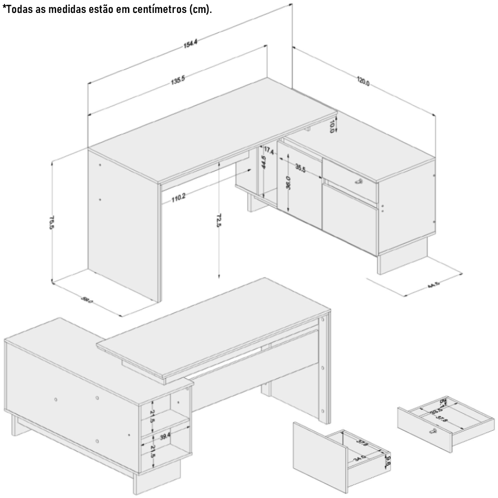 Mesa Para Escritório Home Office Em L Los Angeles 1 Porta 2 Gavetas P01 Preto Carvalho - Lyam Decor