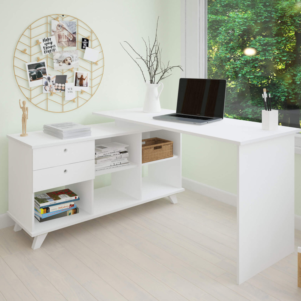 Mesa Para Escritório Home Office Escrivaninha Gold A02 Branco 02 Gavetas - Lyam Decor
