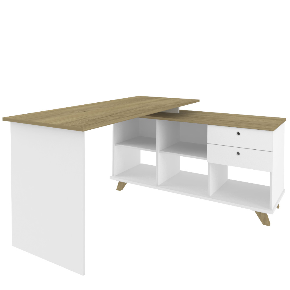 Mesa Para Escritório Home Office Escrivaninha Gold A02 Branco Olmo 02 Gavetas  - Lyam Decor