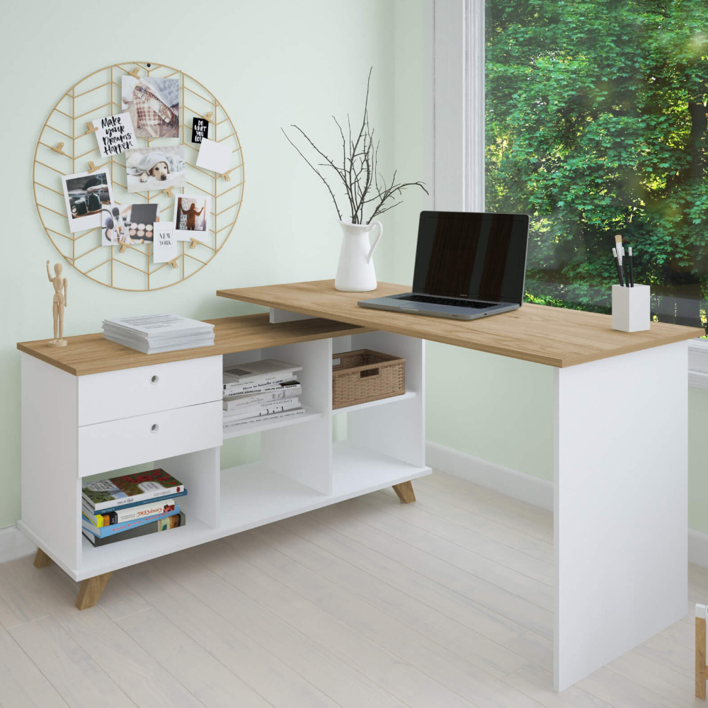Mesa Para Escritório Home Office Escrivaninha Gold A02 Branco Olmo 02 Gavetas  - Lyam Decor