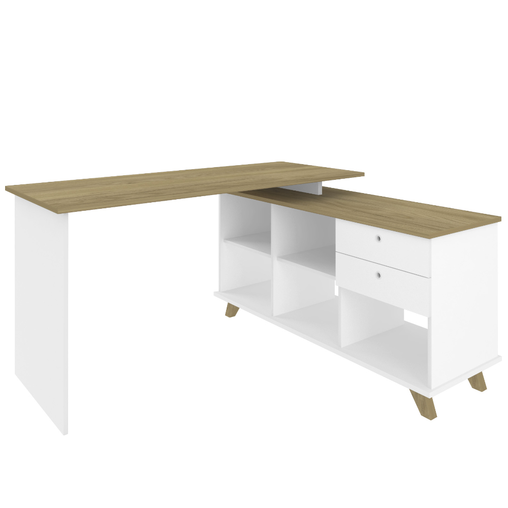 Mesa Para Escritório Home Office Escrivaninha Gold A02 Branco Olmo 02 Gavetas  - Lyam Decor