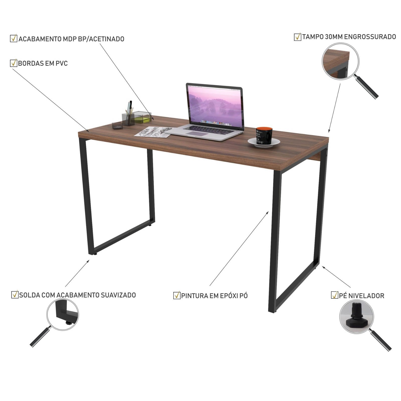 Mesa Para Escritório Home Office Estilo Industrial Form C01 120 cm Nogal - Lyam Decor