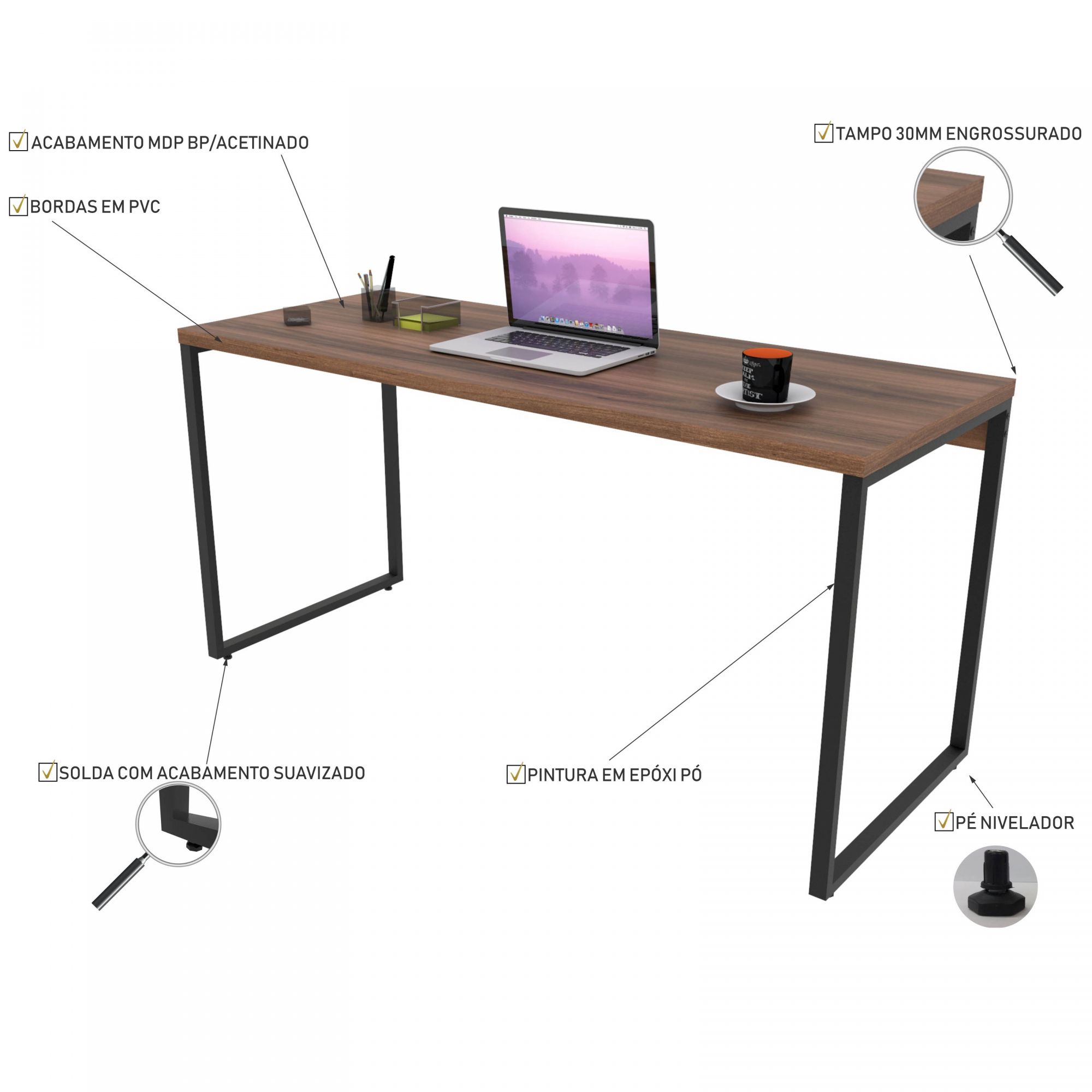 Mesa Para Escritório Home Office Estilo Industrial Form C01 150 cm Nogal - Lyam Decor
