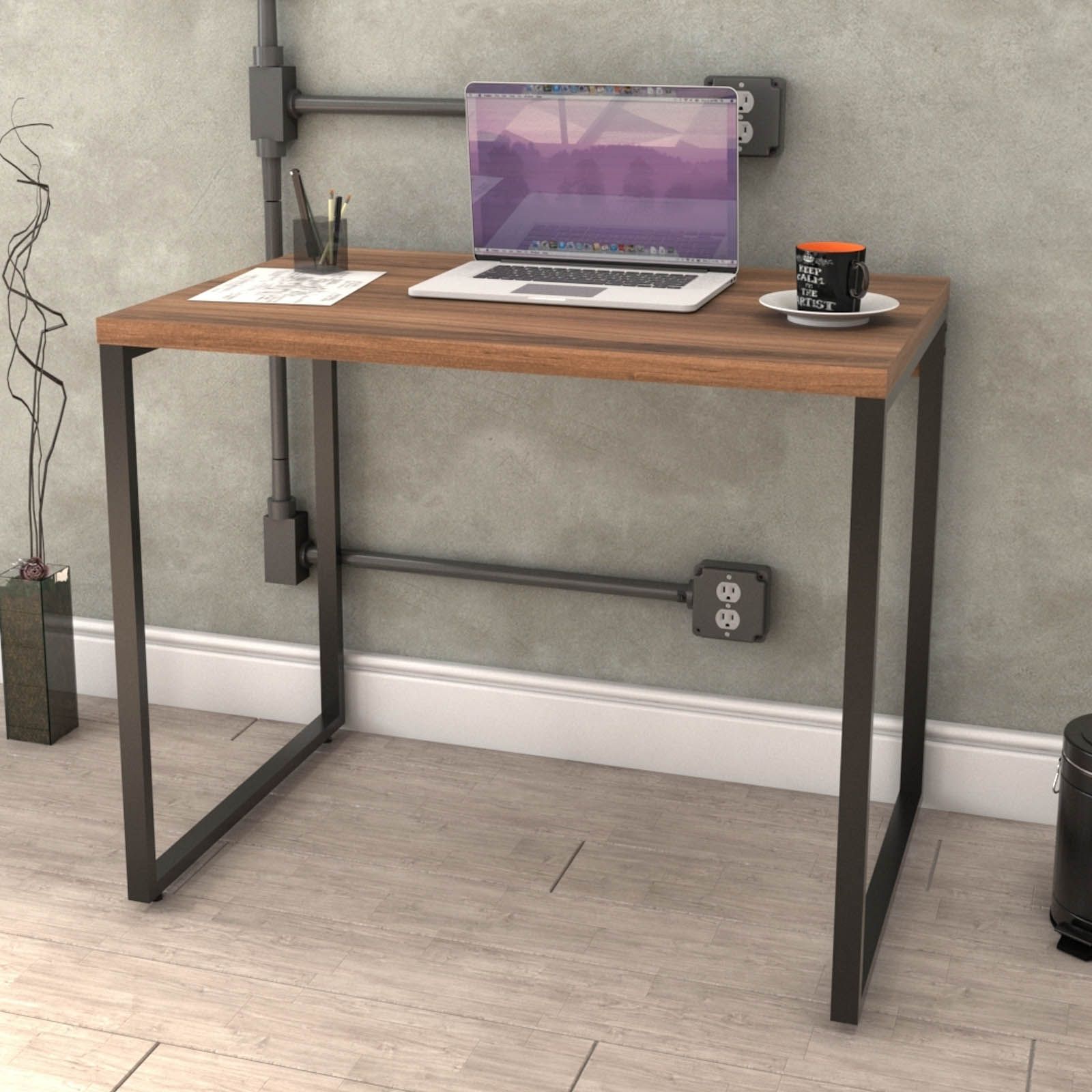 Mesa Para Escritório Home Office Estilo Industrial Form C01 90 cm Nogal - Lyam Decor
