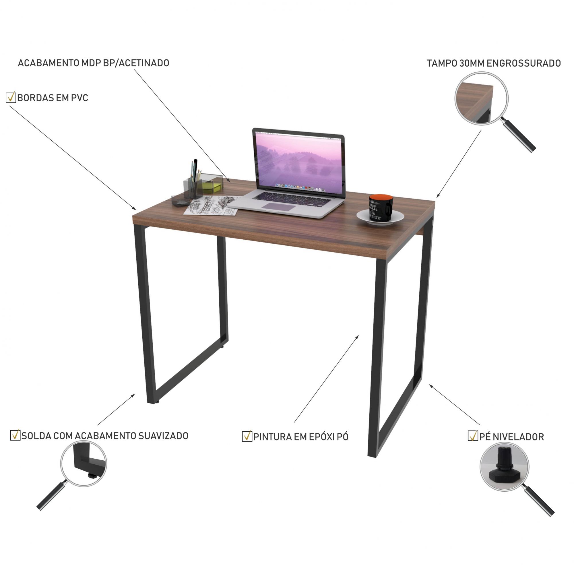 Mesa Para Escritório Home Office Estilo Industrial Form C01 90 cm Nogal - Lyam Decor