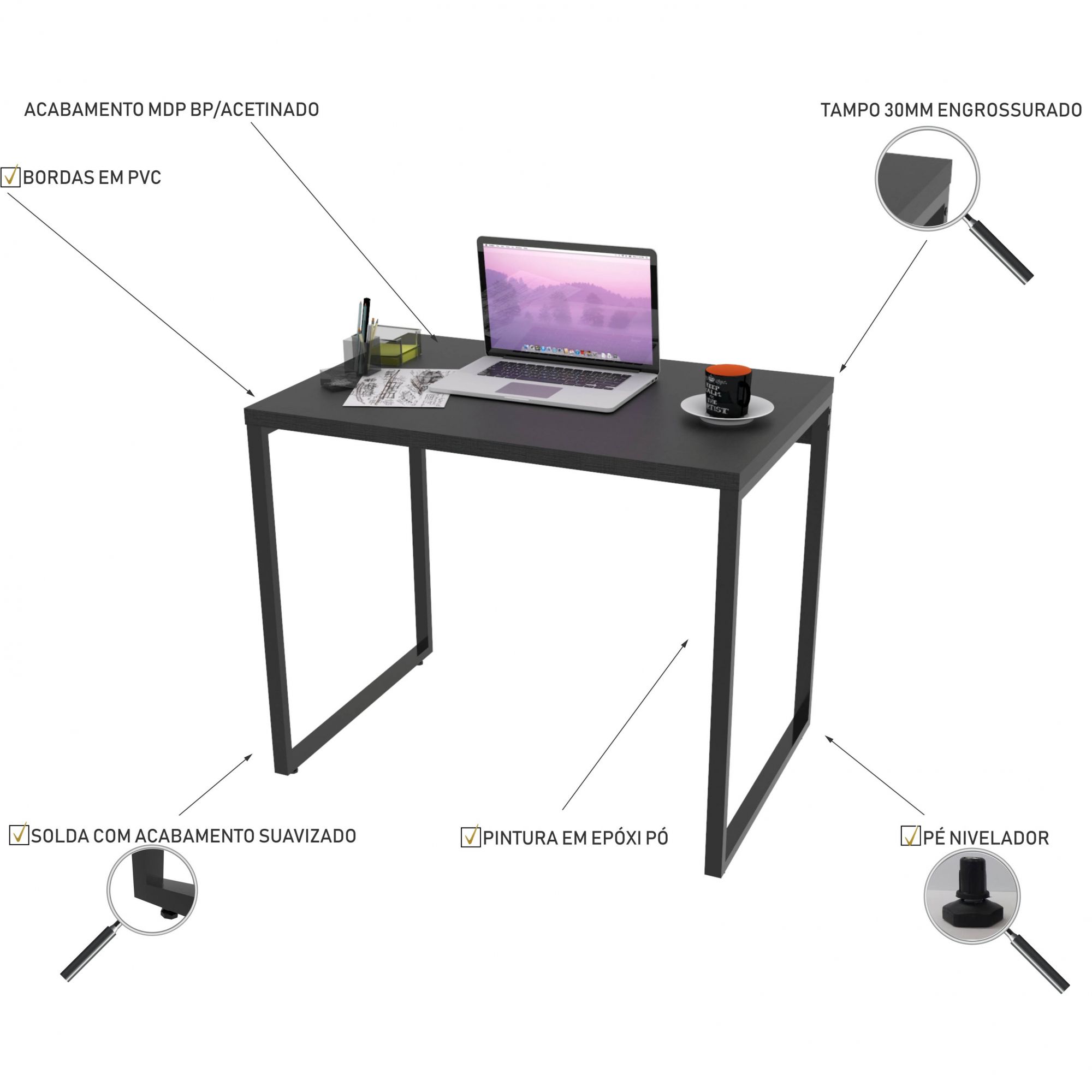 Mesa Para Escritório Home Office Estilo Industrial Form C01 90 cm Preto Onix - Lyam Decor